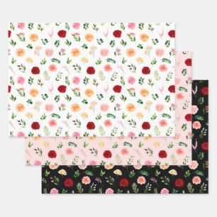 Feuille De Papier Cadeau Fleurs rouges et oranges avec motif de feuillage