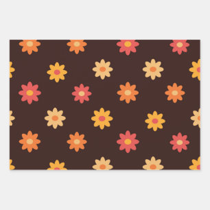 Feuille De Papier Cadeau Fleurs Rouges Jaunes Orange Rétro Groovy