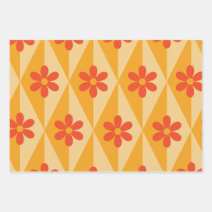 Feuille De Papier Cadeau Fleurs rouges rétro sur diamants orange vintage