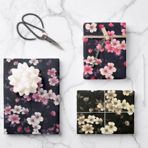 Feuille De Papier Cadeau Fleurs Sakura Roses Noires, Design Motif,
