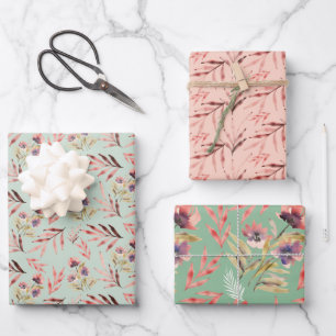 Feuille De Papier Cadeau Fleurs sauvages aquarelle rouge rose vert Boho