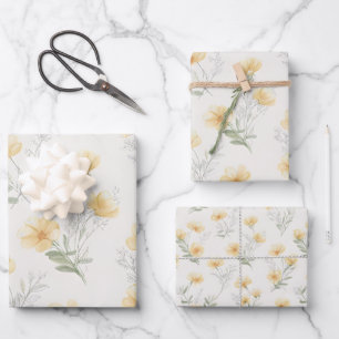 Feuille De Papier Cadeau Fleurs sauvages Cottagecore jaunes - Lot de trois 