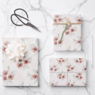 Feuille De Papier Cadeau Fleurs sauvages Cottagecore roses - Lot de trois t
