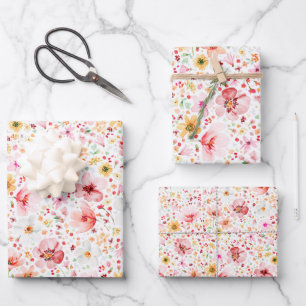 Feuille De Papier Cadeau Fleurs sauvages de prairie rose tendre Bohème Élég