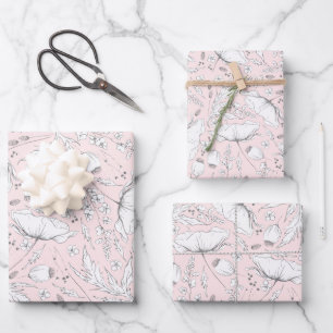 Feuille De Papier Cadeau Fleurs sauvages dessinées à la main motif crayon r