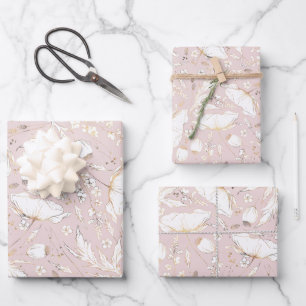 Feuille De Papier Cadeau Fleurs sauvages dorées dessinées à la main Modèle 