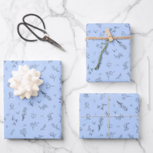 Feuille De Papier Cadeau Fleurs sauvages esquissées sur fond bleu clair