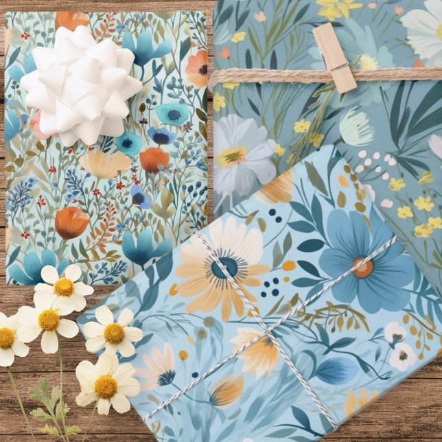 Feuille De Papier Cadeau Fleurs sauvages Motif (Wild Flowers Pattern Wrapping Paper Sheets from Ricaso. Three stunning floral gift or craft papers)