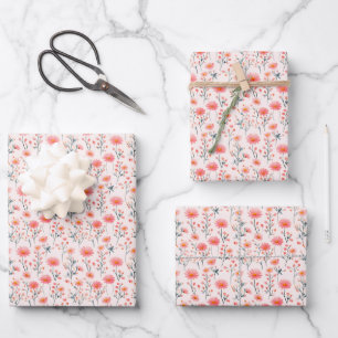 Feuille De Papier Cadeau Fleurs sauvages roses sur ivoire