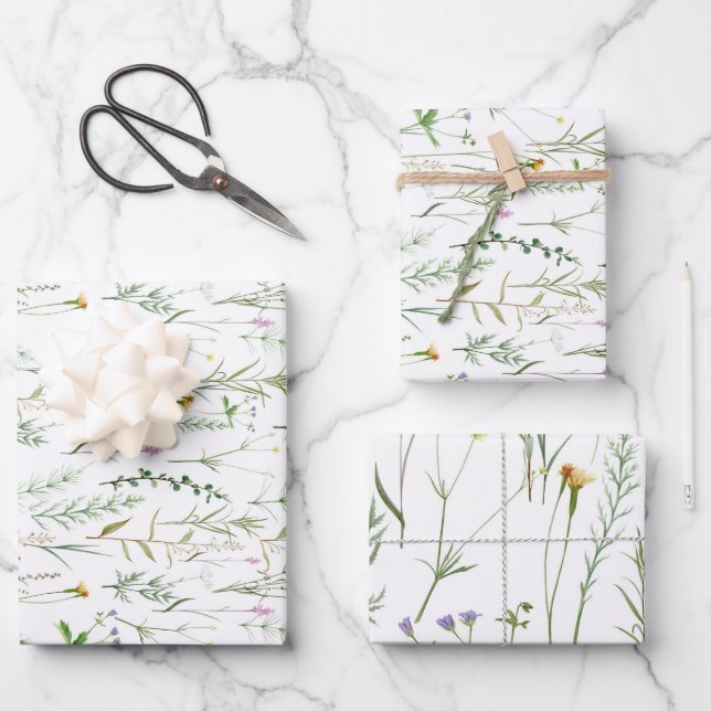 Feuille De Papier Cadeau Fleurs sauvages vertes  (Recto)