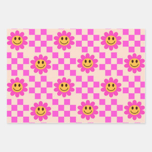 Feuille De Papier Cadeau Fleurs souriantes rose vif à carreaux avec des car