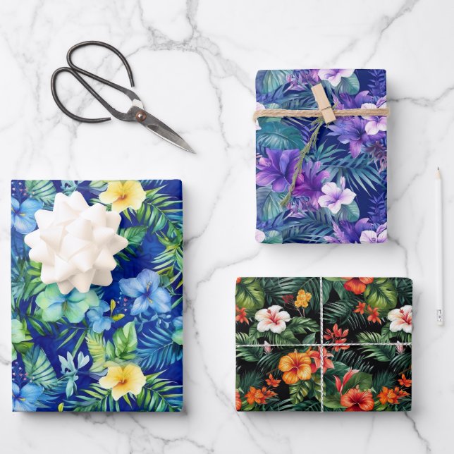 Feuille De Papier Cadeau Fleurs tropicales colorées  (Recto)