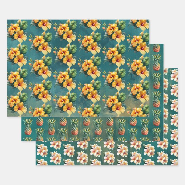 Feuille De Papier Cadeau Fleurs tropicales de l'Hibiscus de l'ananas turquo (Lot)