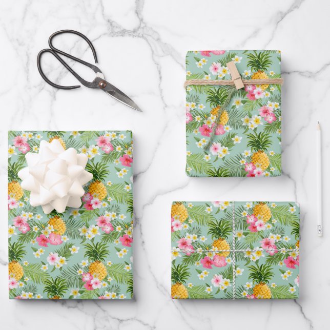 Feuille De Papier Cadeau Fleurs tropicales et ananas (Recto)