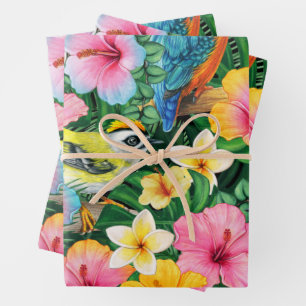 Feuille De Papier Cadeau Fleurs tropicales et oiseaux dynamiques 