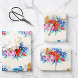 Feuille De Papier Cadeau Fleurs tropicales exotiques - Rose et aigue-marine
