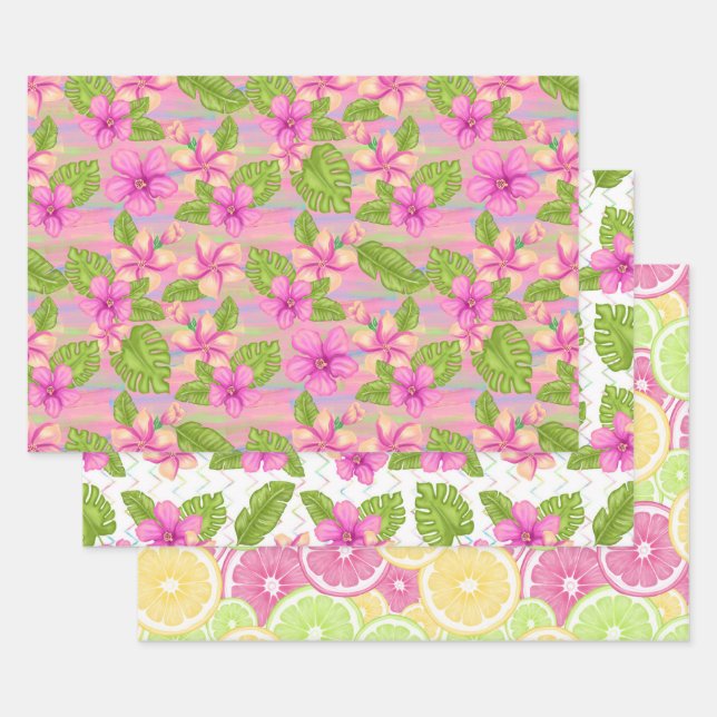 Feuille De Papier Cadeau Fleurs tropicales roses d'été Limons citrons (Lot)
