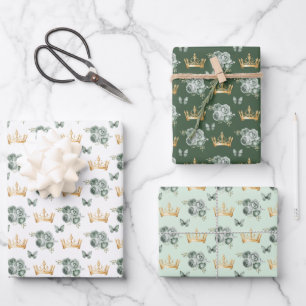 Feuille De Papier Cadeau Fleurs Vert Sauge et Couronnes Dorées