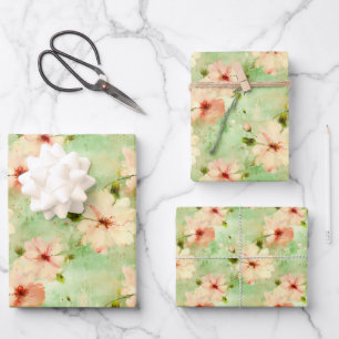 Feuille De Papier Cadeau Fleurs vertes et bleues Élégant Boho