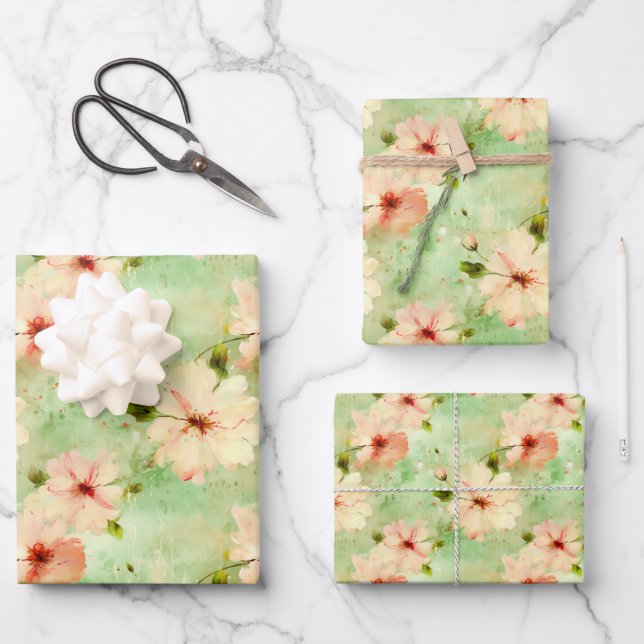 Feuille De Papier Cadeau Fleurs vertes et bleues Élégant Boho (Recto)