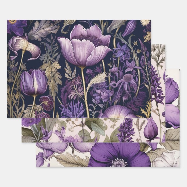 Feuille De Papier Cadeau Fleurs Violettes Élégantes  (Lot)