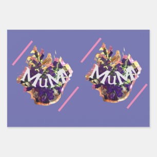 Feuille De Papier Cadeau Fleurs violettes et oiseaux