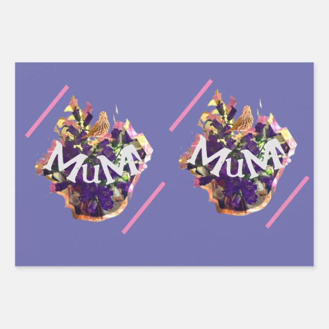 Feuille De Papier Cadeau Fleurs violettes et oiseaux (Devant)