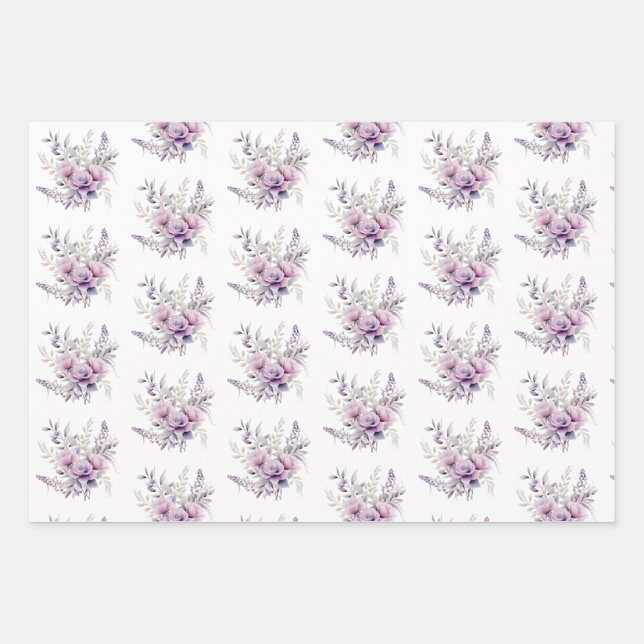Feuille De Papier Cadeau Fleurs Violettes Roses Fleurs De Lavande Florales (Devant)