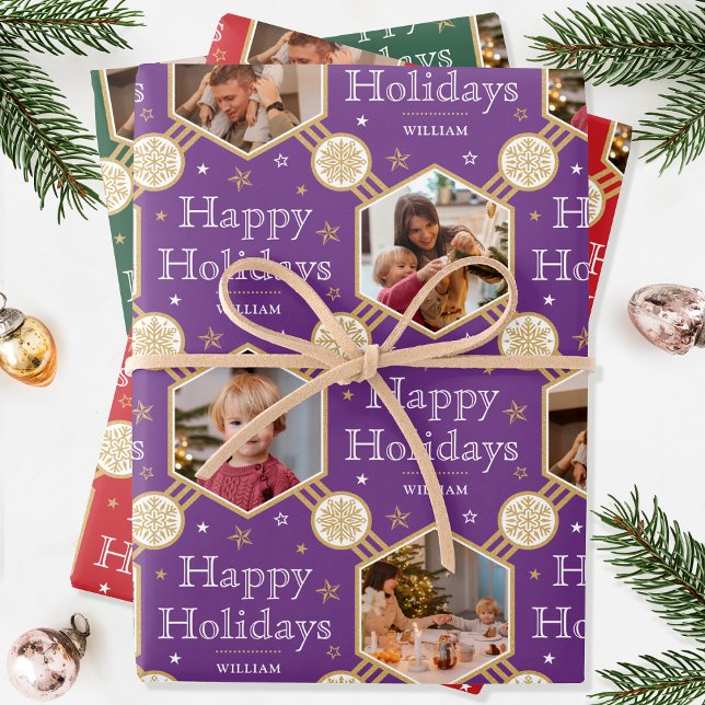 Feuille De Papier Cadeau Flocon de neige de Noël Photo violet rouge vert 3 (Créateur téléchargé)