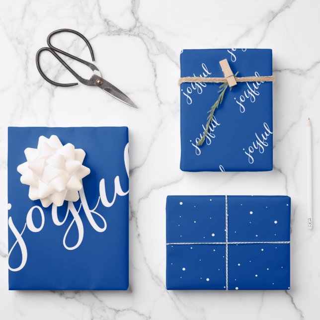 Feuille De Papier Cadeau Flocon de neige de script joyeux Bleu et blanc Vac (Recto)