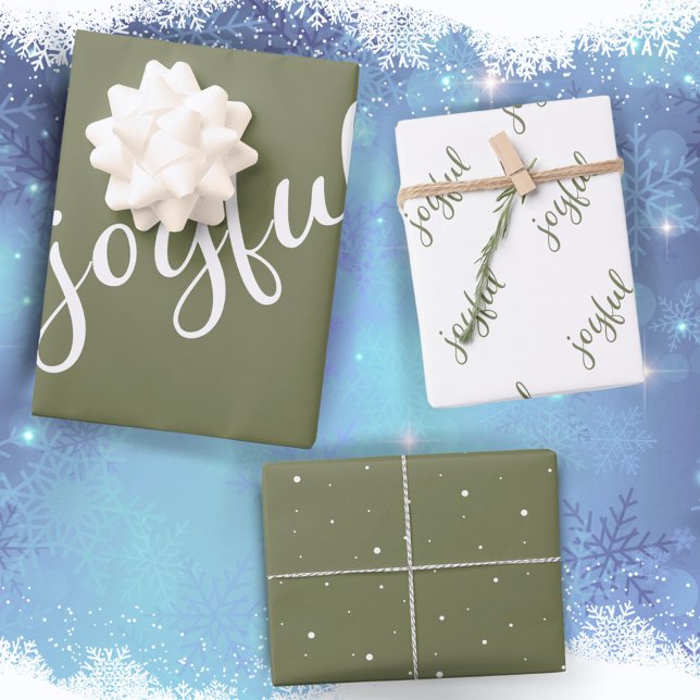 Feuille De Papier Cadeau Flocon de neige de script joyeux Vert olive de vac (Créateur téléchargé)