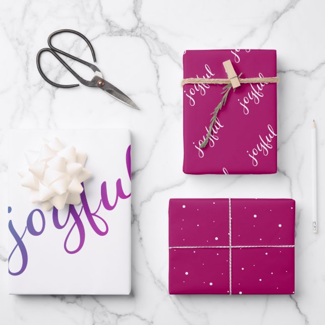 Feuille De Papier Cadeau Flocon de neige écriture joyeuse violet vacances (Recto)
