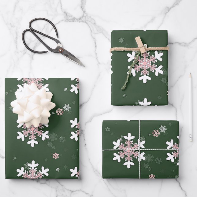 Feuille De Papier Cadeau Flocons Blancs Roses Verts (Recto)