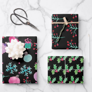 Feuille De Papier Cadeau Flocons de neige à l'aquarelle noire et blanche de