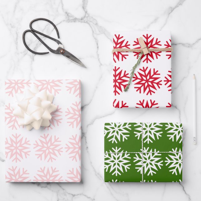 Feuille De Papier Cadeau Flocons de neige de Noël classiques, Rouge Vert Bl (Recto)