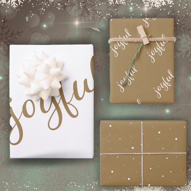 Feuille De Papier Cadeau Flocons de neige de script joyeux Fête beige (Créateur téléchargé)