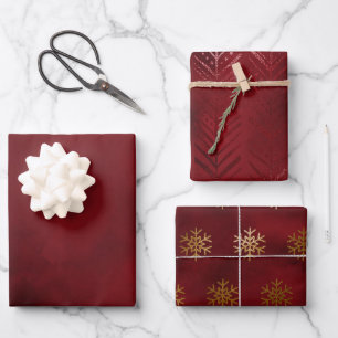 Feuille De Papier Cadeau Flocons de neige élégants en or rouge de luxe