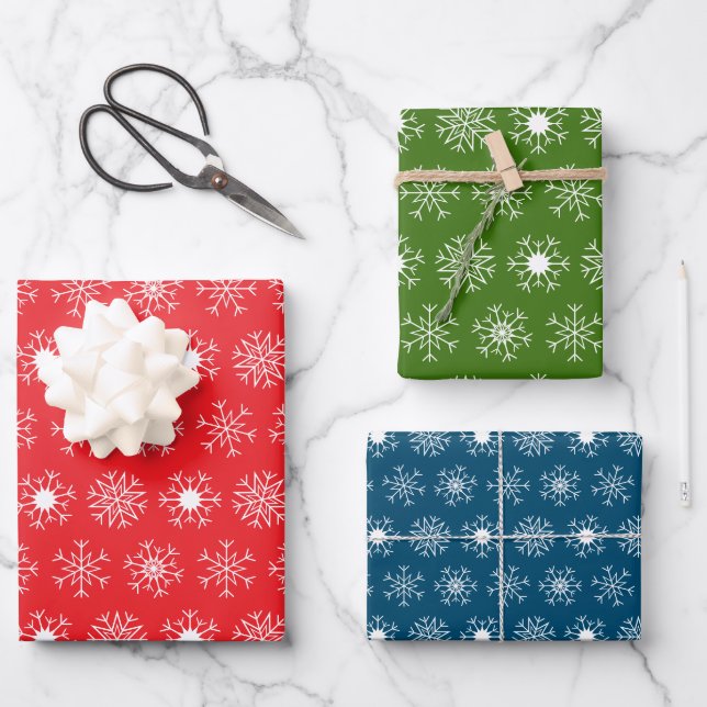 Feuille De Papier Cadeau Flocons de Noël, Classique Rouge Vert Bleu Blanc (Recto)
