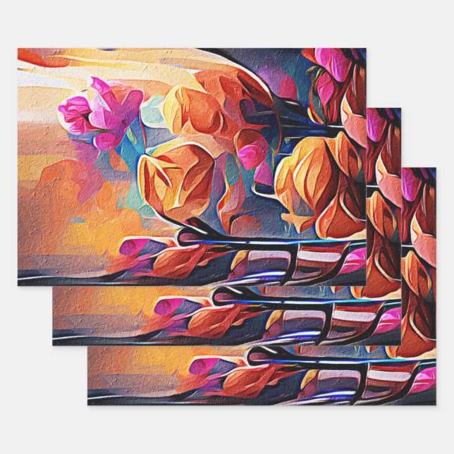 Feuille De Papier Cadeau Floral Abstract Art Orange Red Blue Flowers (Lot)