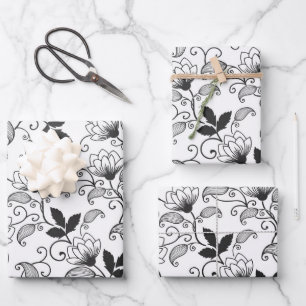 Feuille De Papier Cadeau Floral Abstrait noir sur blanc