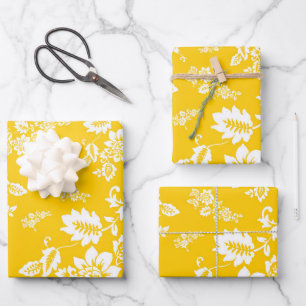 Feuille De Papier Cadeau Floral blanc sur Arrière - plan de printemps jaune