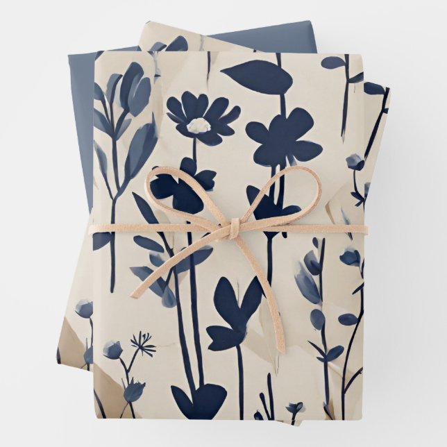Feuille De Papier Cadeau Floral bleu Dusty de la marine moderne (En situation)