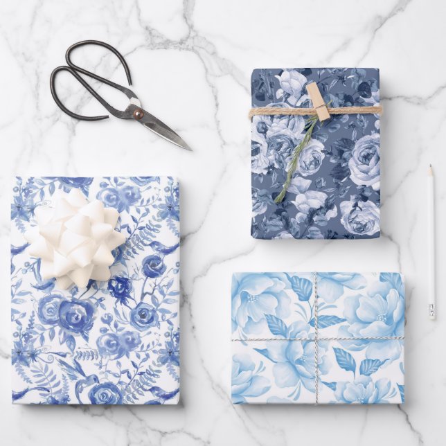 Feuille De Papier Cadeau Floral bleu et blanc (Recto)