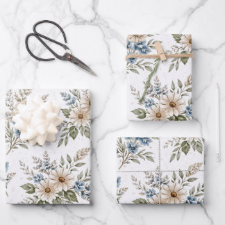 Feuille De Papier Cadeau Floral Blue Ivory Meadow Pattern