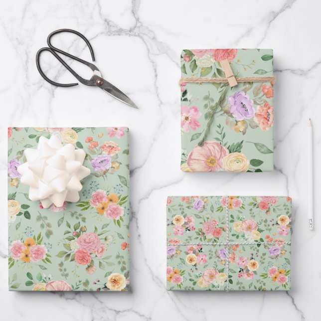 Feuille De Papier Cadeau Floral Boho d'été sur Sage Green (Recto)
