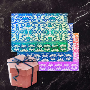 Feuille De Papier Cadeau Floral chinois bleu -vert -couleurs tropicales