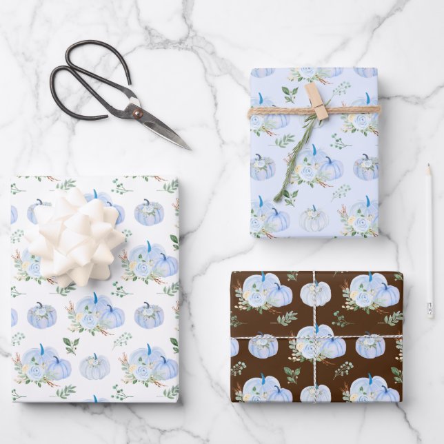 Feuille De Papier Cadeau Floral Citrouille bleu (Recto)