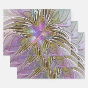 Feuille De Papier Cadeau Floral Coloré Abstrait Fractal Avec Rose & Or
