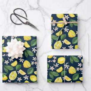 Feuille De Papier Cadeau Floral de citron bleu marine