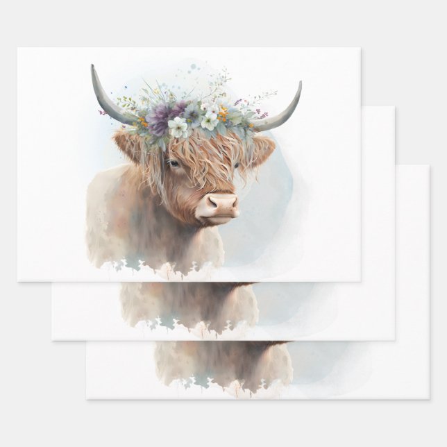 Feuille De Papier Cadeau Floral Highland Cow Watercolor Decoupage (Lot)